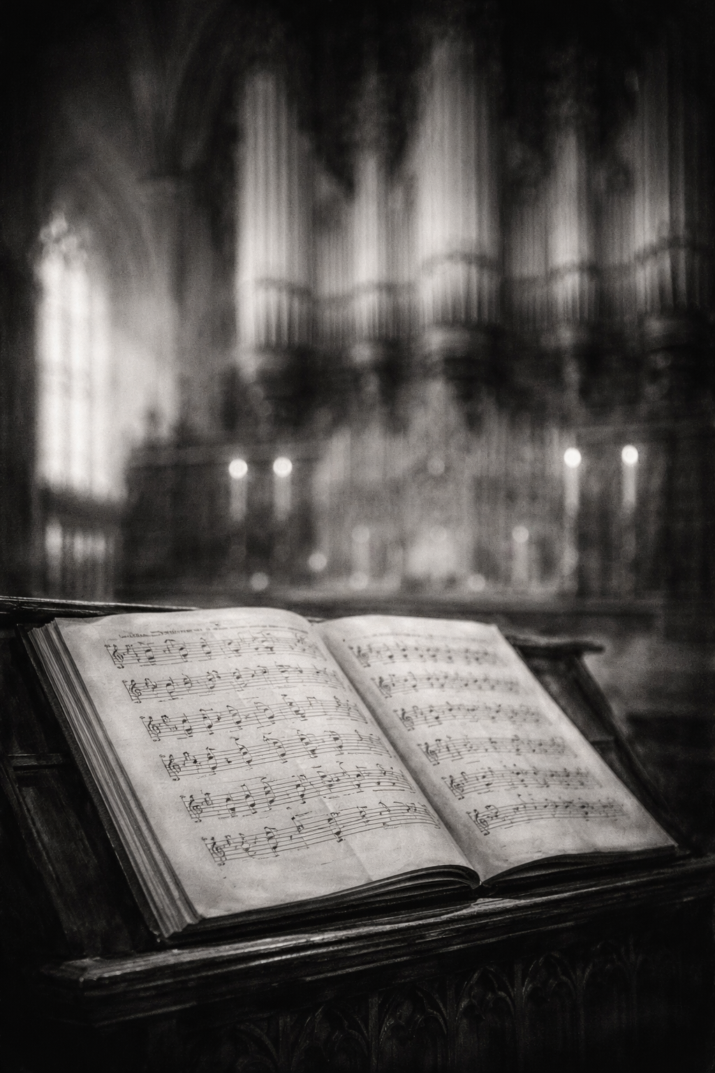 Bild mit Buch und Orgel, verschwommen, im Hintergrund