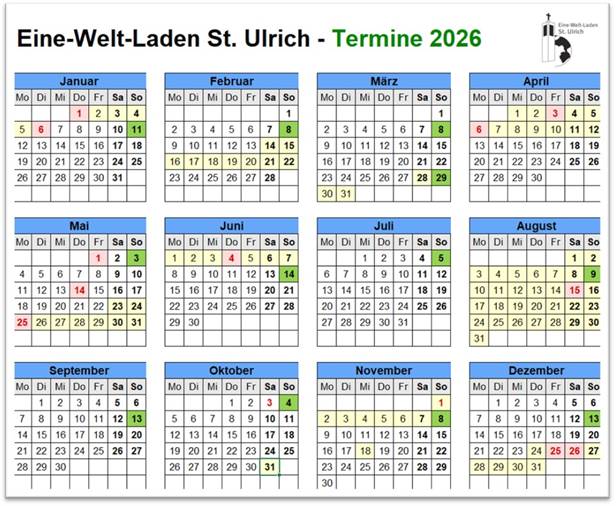 Bild zeigt den Kalender 2026 mit markierten Terminen für den Fair Trade Verkauf in St. Ulrich
