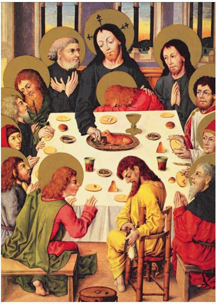 Das Titelbild des Pfarrbriefes zu Ostern 2026: Das Abendmahl, Außenseite eines Flügels vom Speyerer Altar, Meister des Hausbuches (ca. 1480)